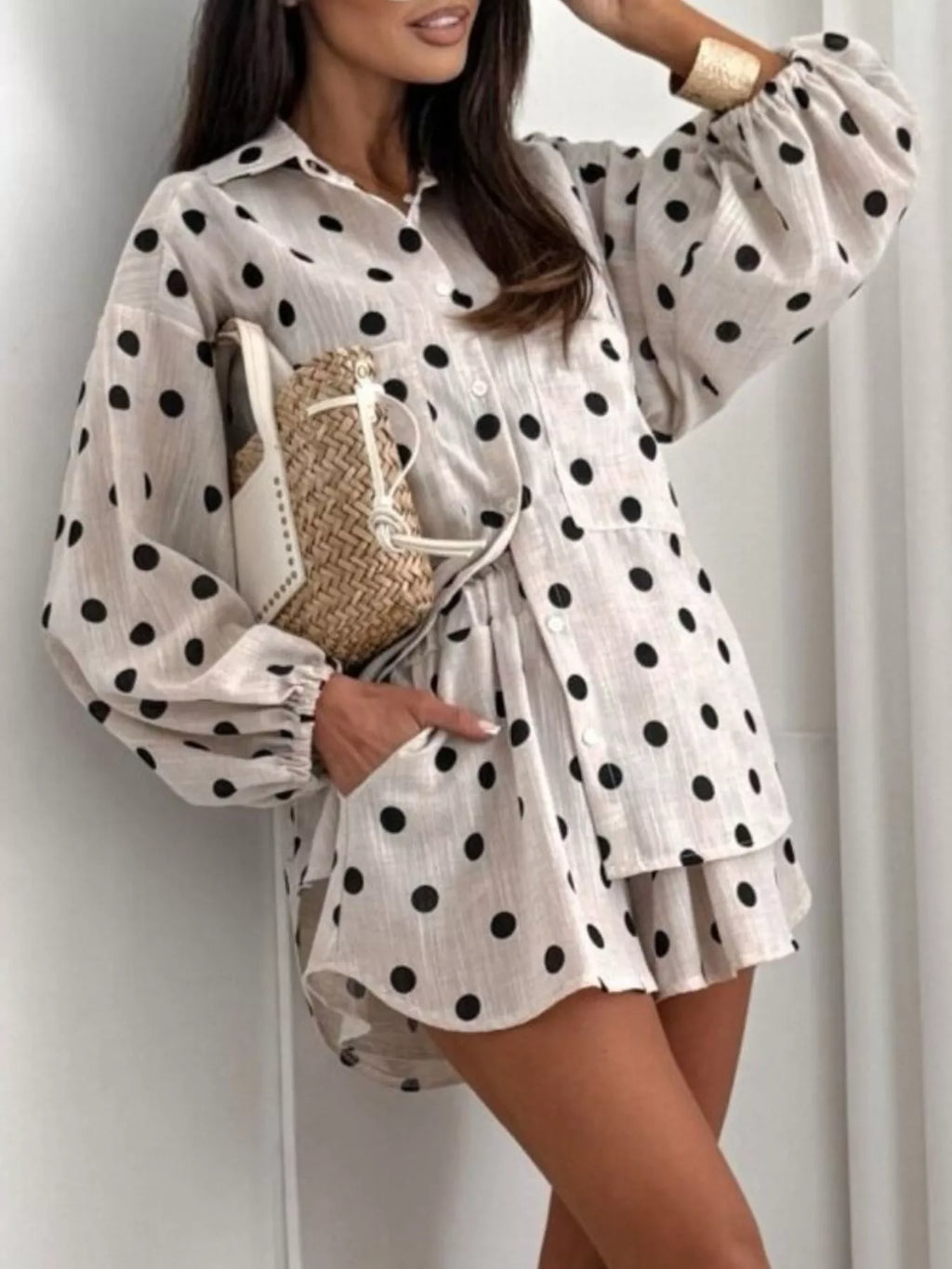 Long Sleeve Shirt and High-Waisted Shorts Set