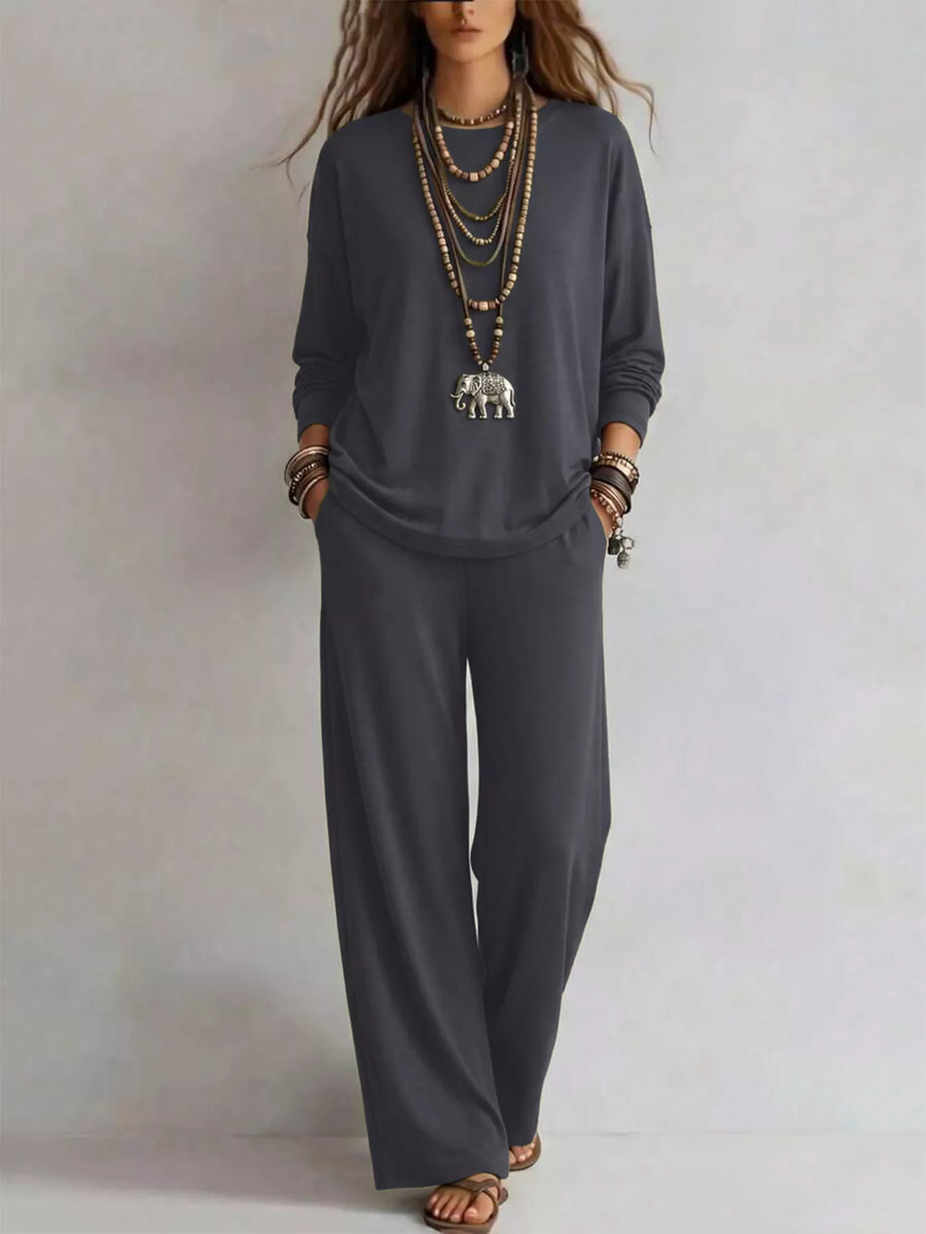 Round Neck T-Shirt and Wide-Leg Pants Set