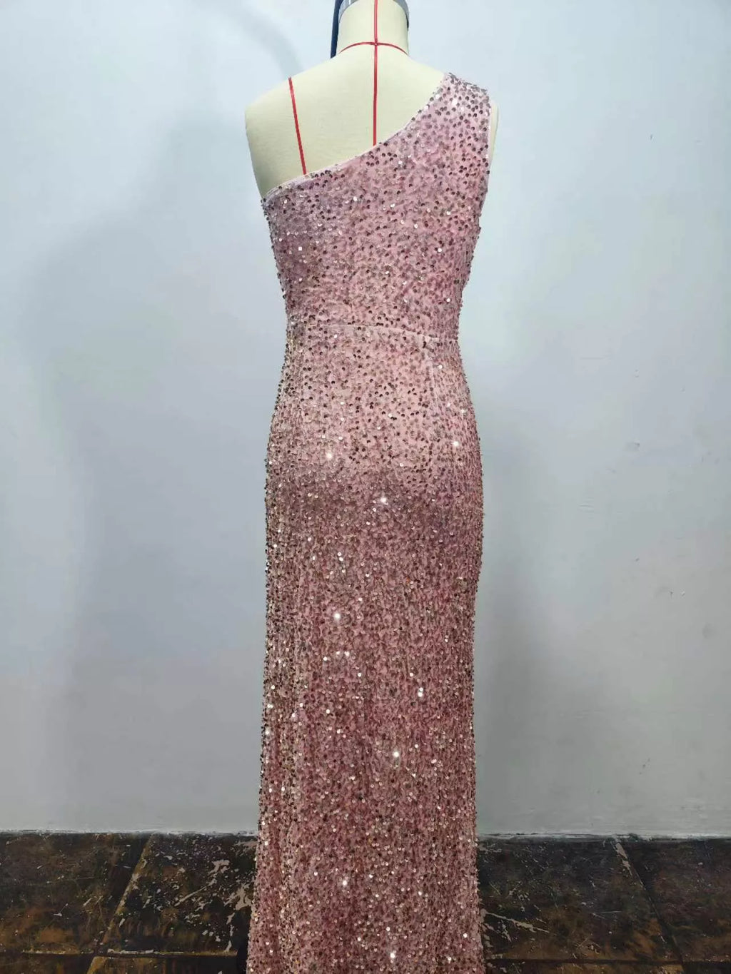 One-Shoulder Ruched Sequin High-Slit Evening Dress