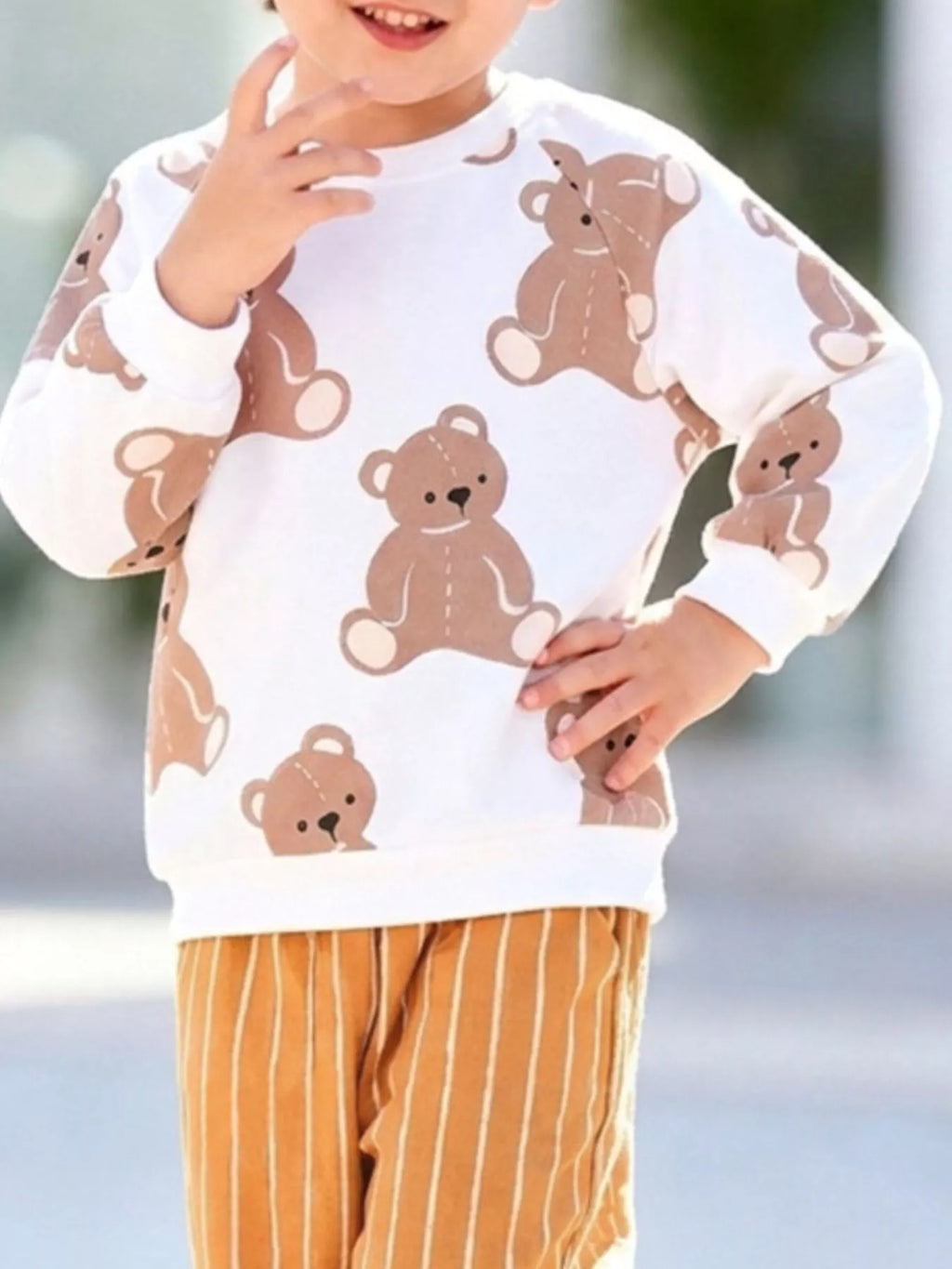 Children's Bear Print Sweatshirt and Striped Wide-Leg Pants Set
