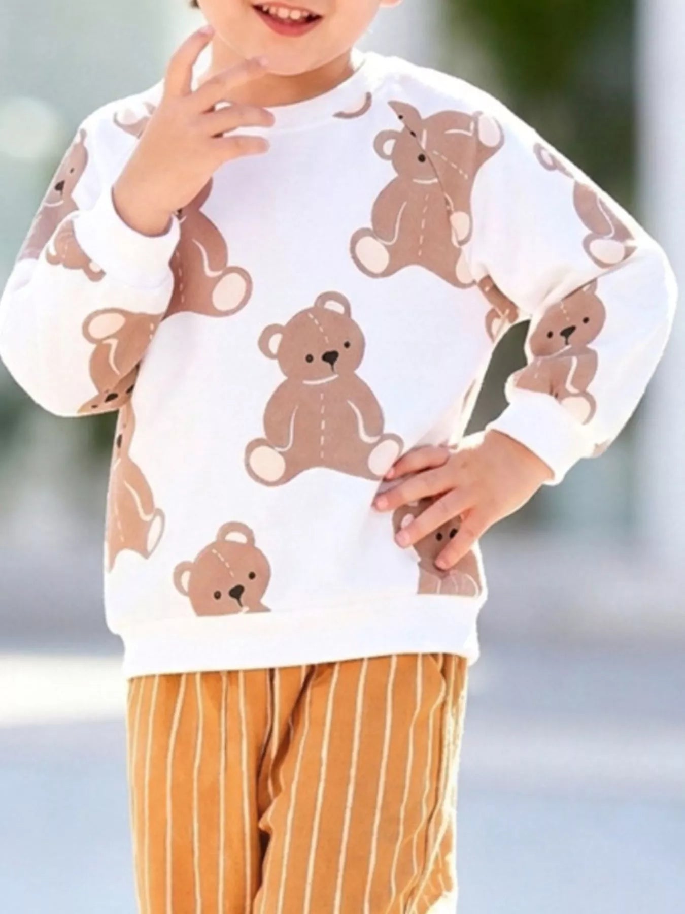 Children's Bear Print Sweatshirt and Striped Wide-Leg Pants Set