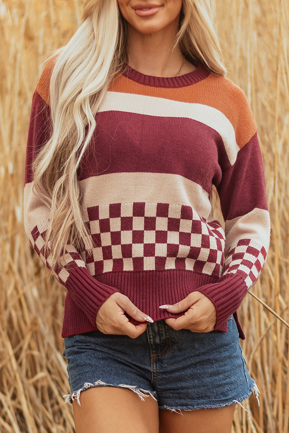Checker Colorblock Knitted Drop Shoulder Sweater