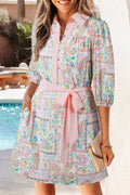 Pink Boho Floral Print Color Block Trim Half Button Belted Mini Dress