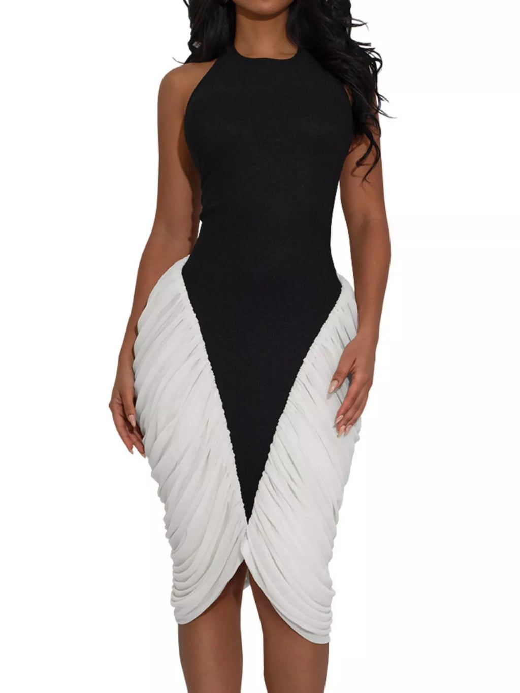 Two-Tone Sleeveless Ruched Midi Dress