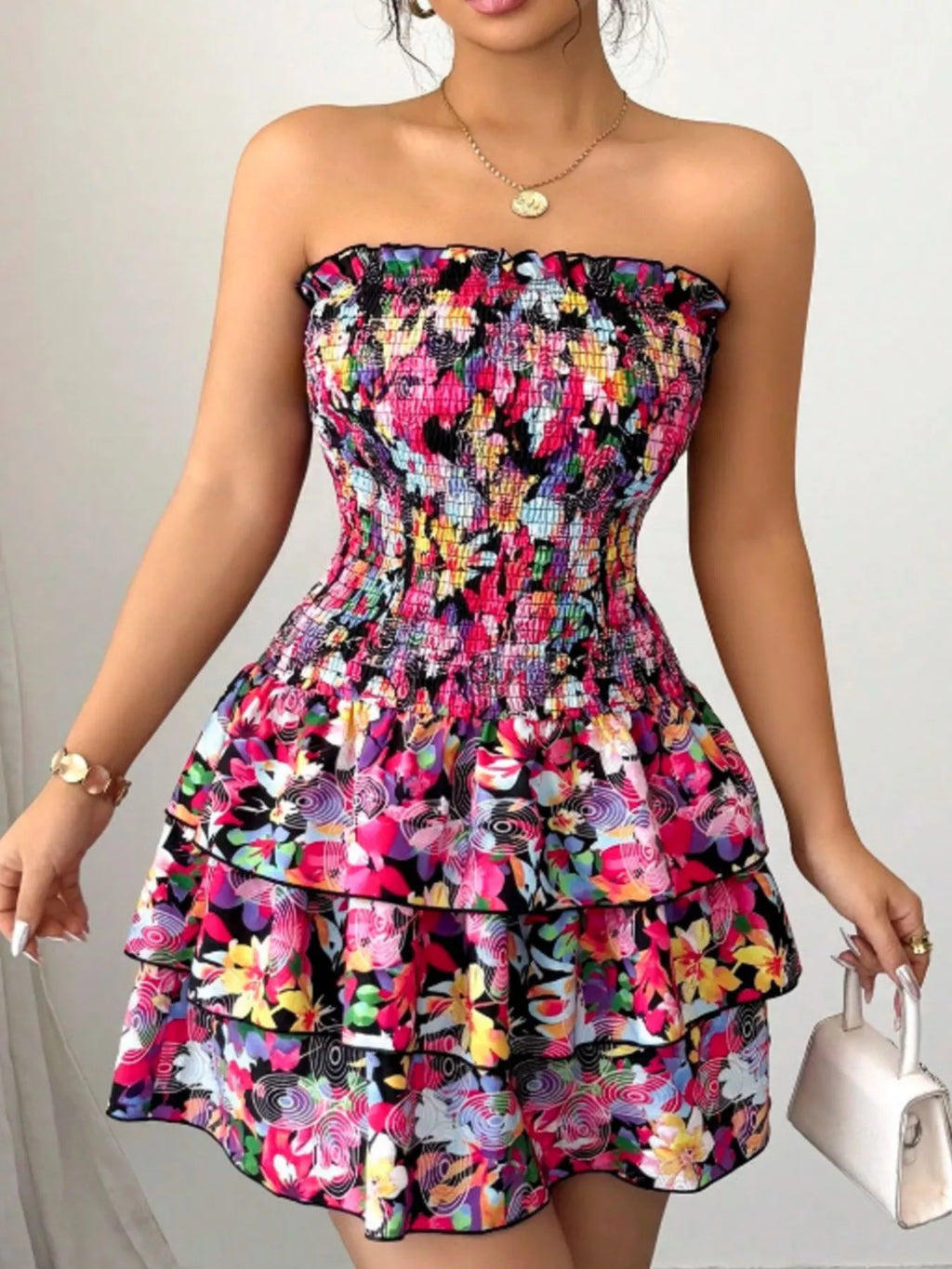 Strapless Smocked Floral Tiered Mini Dress
