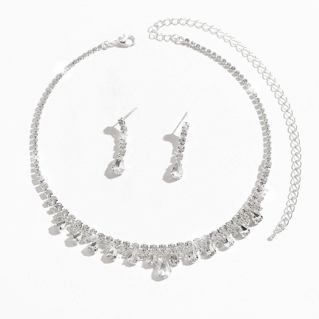 Women 2 Pcs V Shaped Waterfall Teardrop Rhinestone Jewelry Set,Choker Necklace And Dangle Earrings,Elegant Bridal Costume Accessories For Wedding Banquet Party Occasion