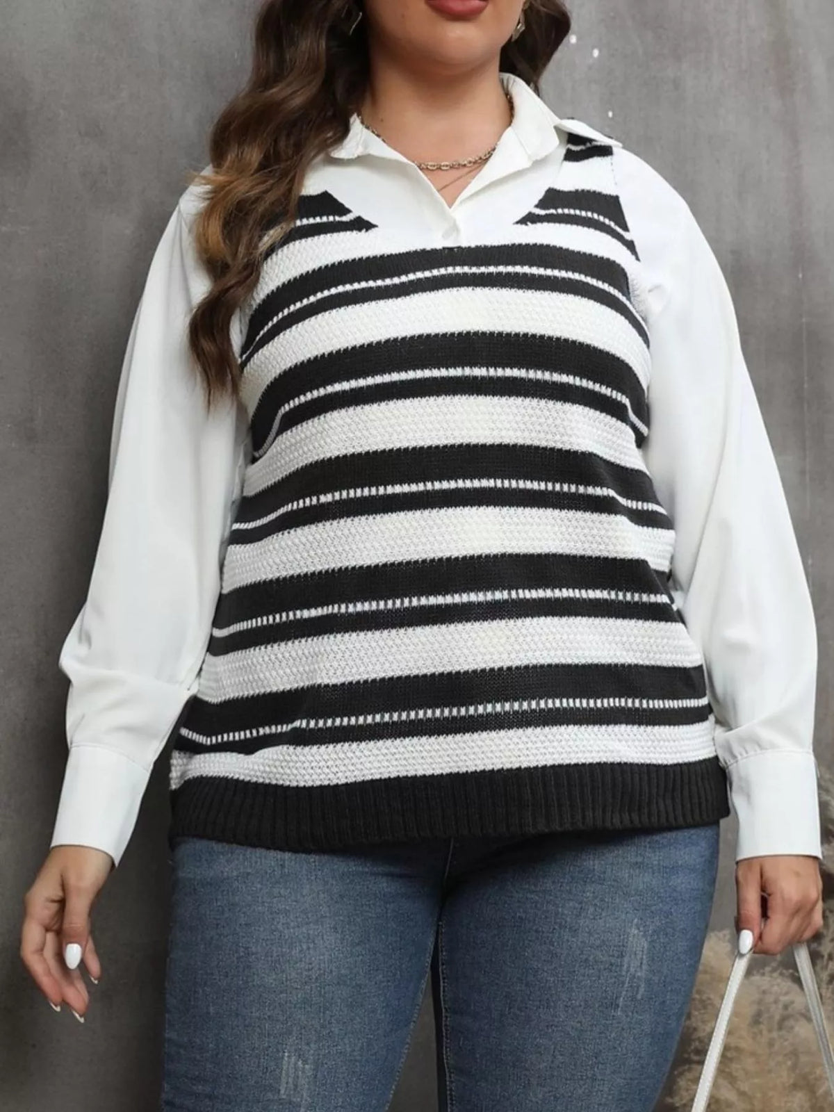 Plus Size Striped V-Neck Knit Sweater Vest