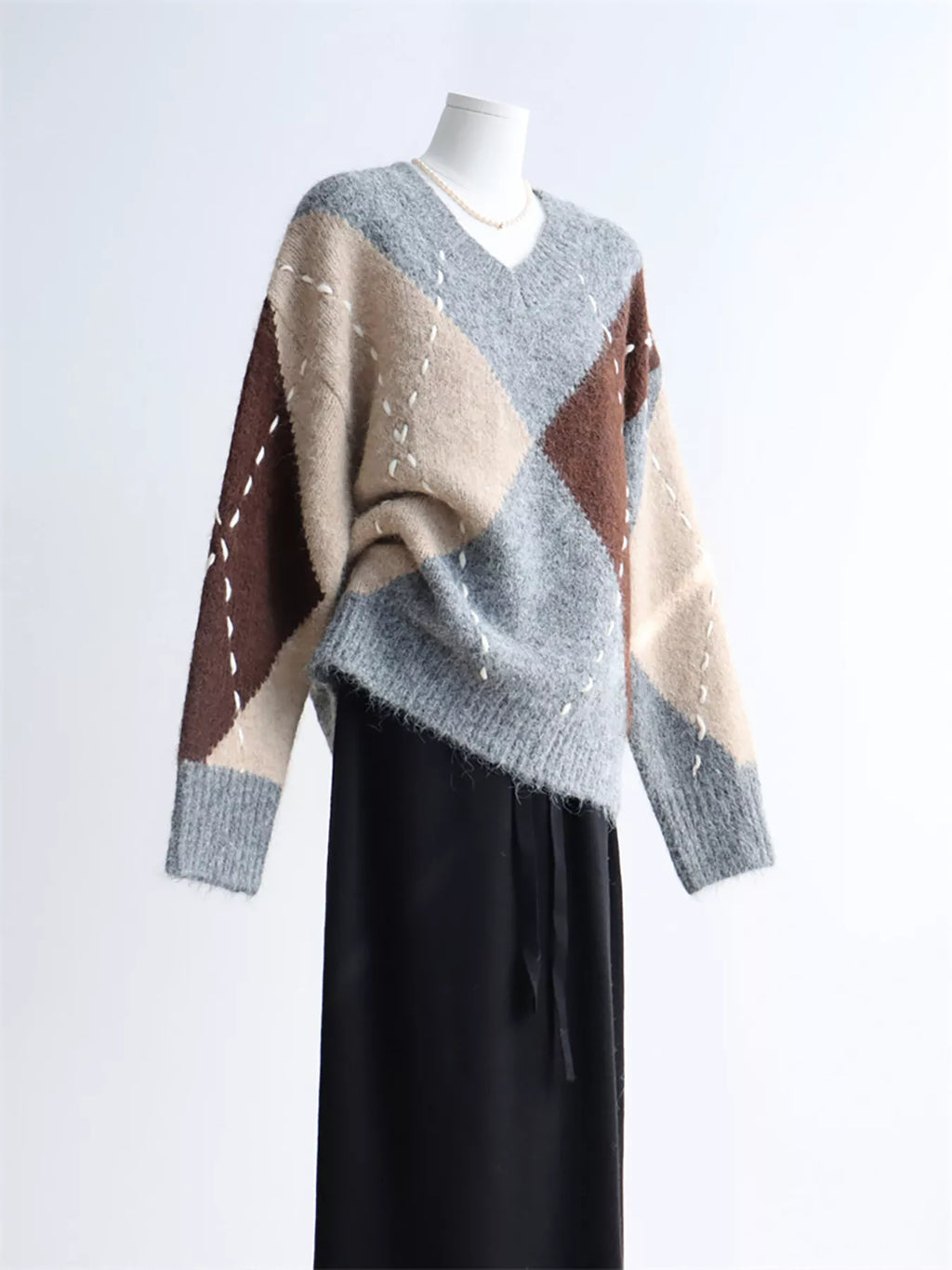 Argyle Pattern V-Neck Oversized Sweater