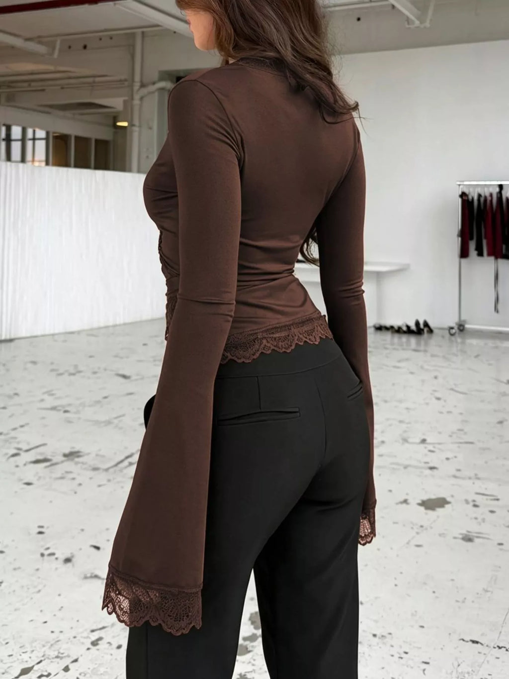Lace-Trimmed Long Sleeve Wrap T-Shirt