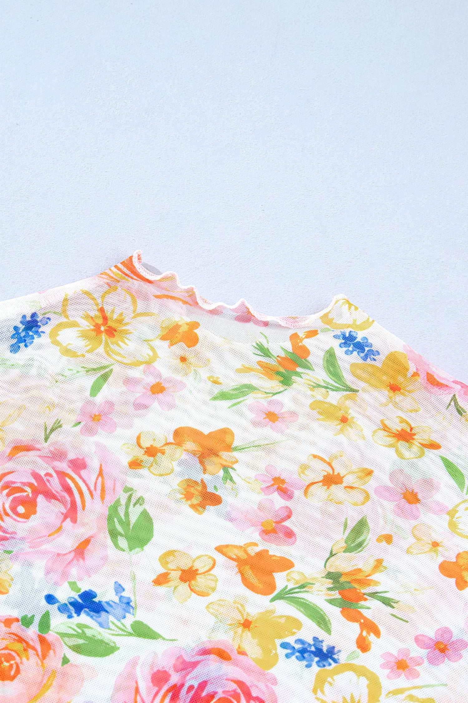 White Lettuce Trim Floral Print Sheer Mesh Long Sleeve Top