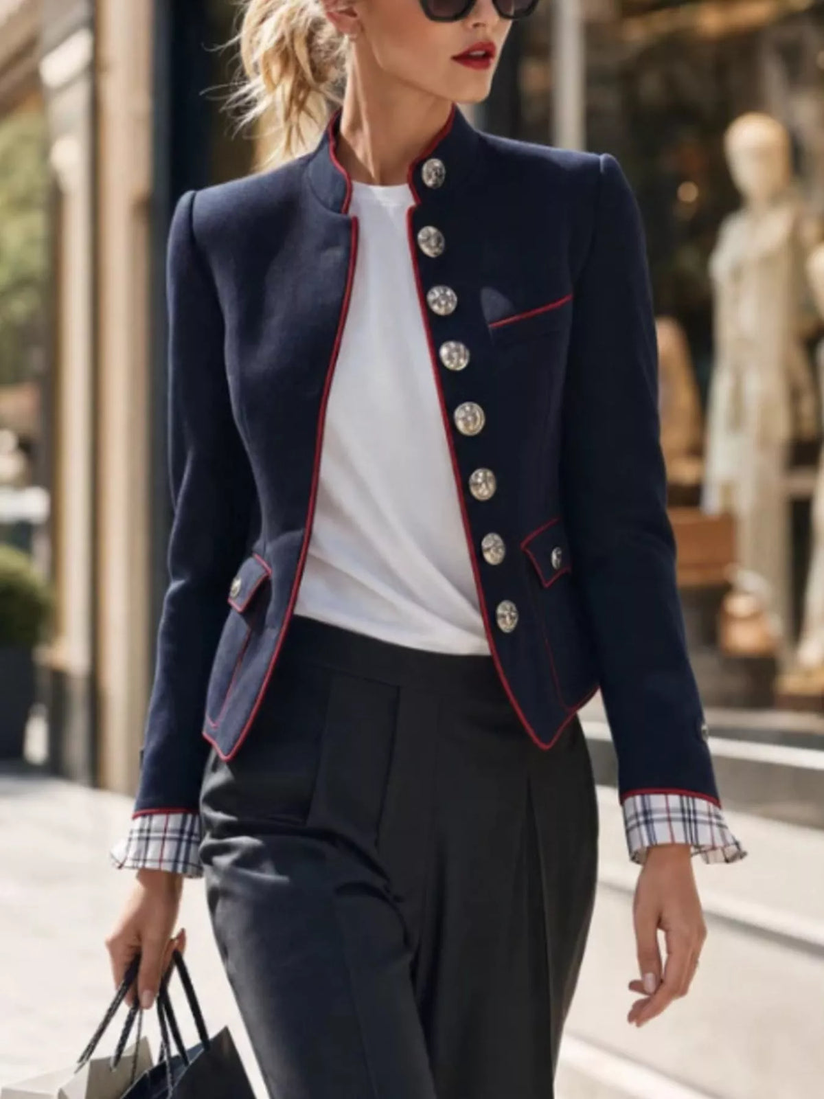 Military-Inspired Stand Collar Jacket with Red Piping