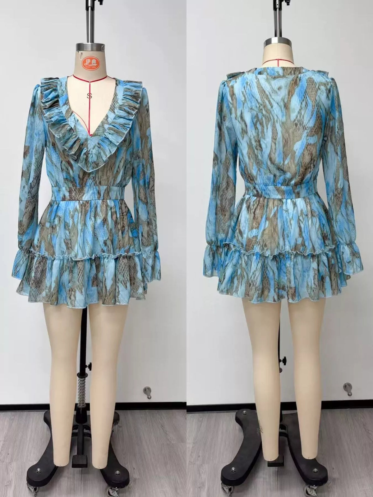 Boho Chic V-Neck Ruffled Long Sleeve Mini Dress