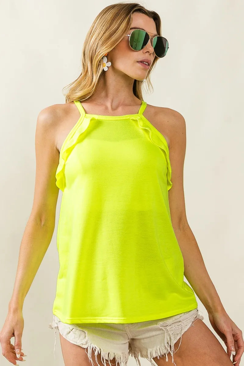 Ruffle Trim Square Neck Sleeveless Top in French Terry Cotton