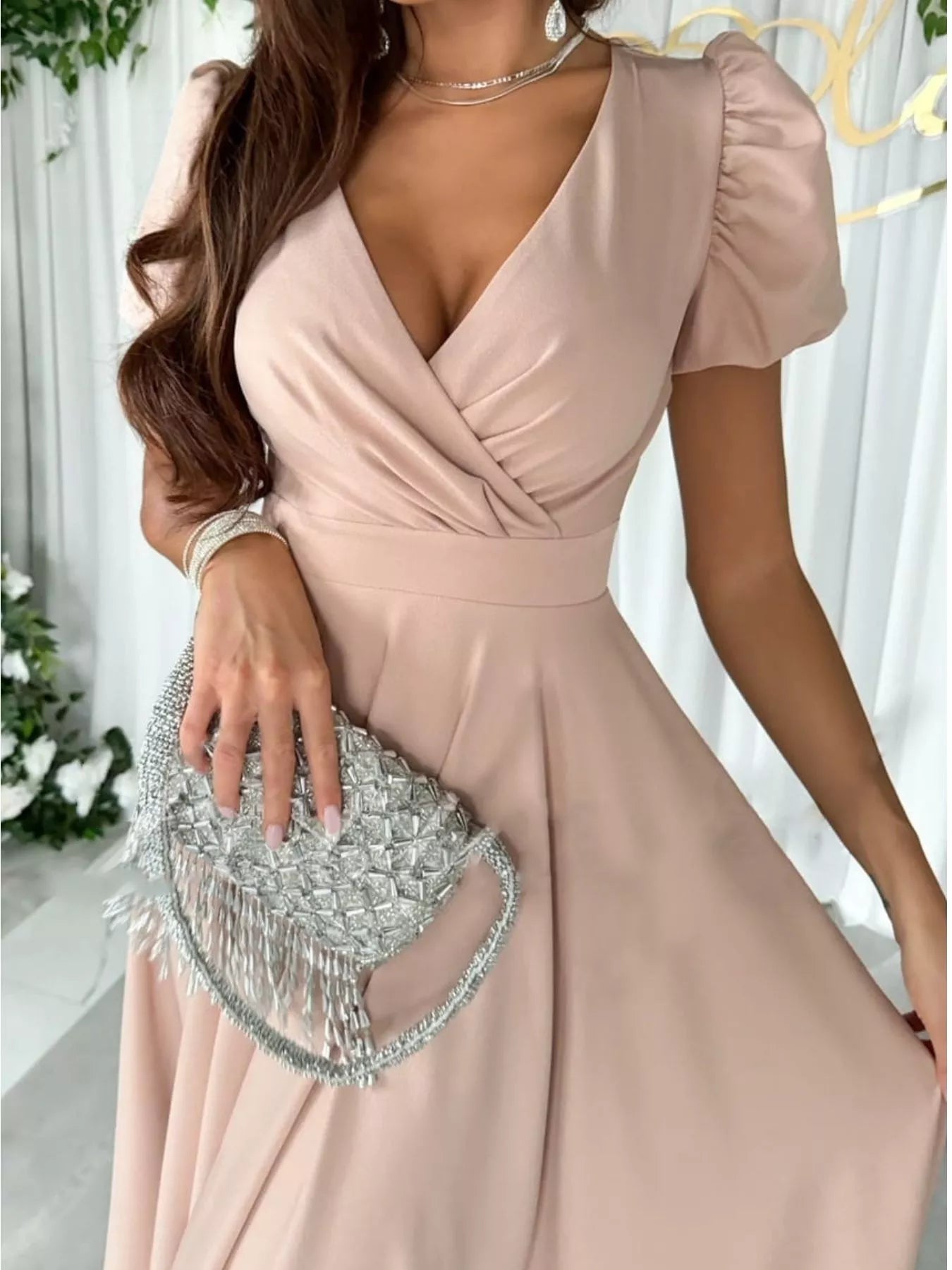 Surplice Puff Sleeve Midi Dress