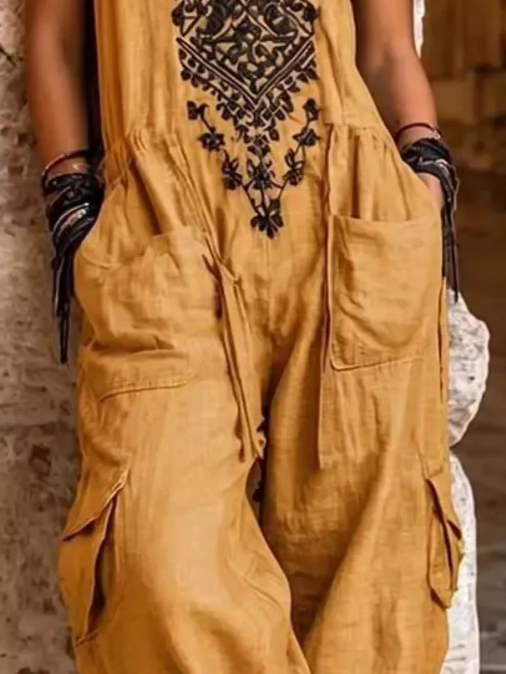 Full Size Embroidered Sleeveless Jumpsuit with Cargo Pockets Plus Size