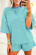 Green Stripe Striped Ribbed Cotton Two-Piece Pant Set with Chest Patch Detail