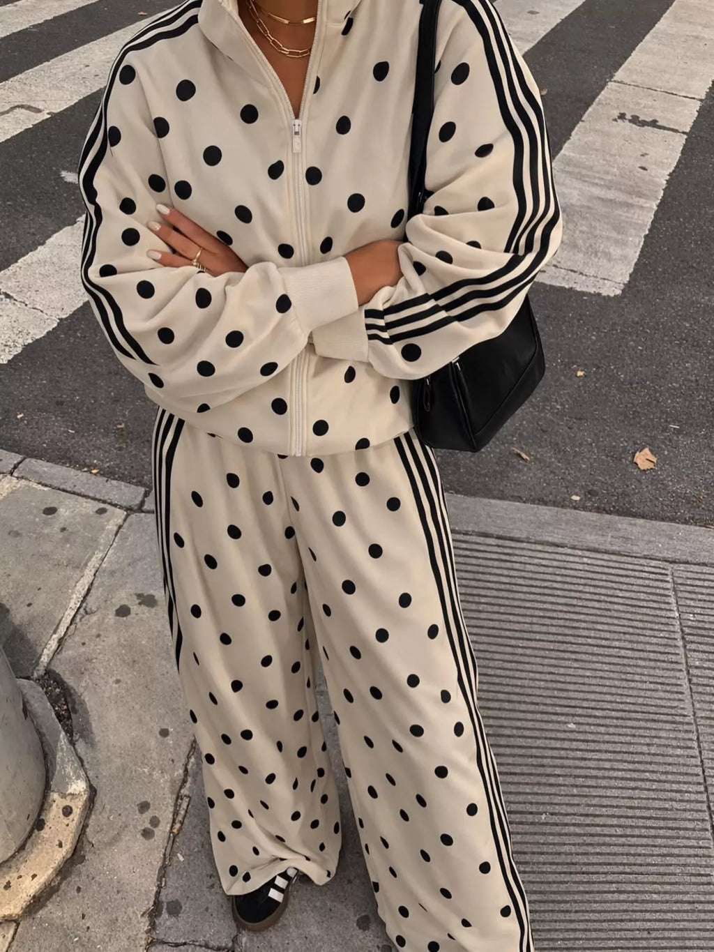 Polka Dot Side Striped Outerwear and Pants Set
