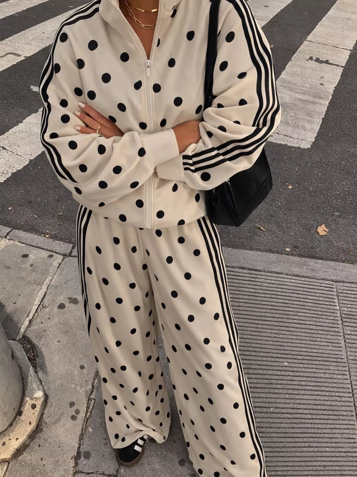 Polka Dot Side Striped Outerwear and Pants Set