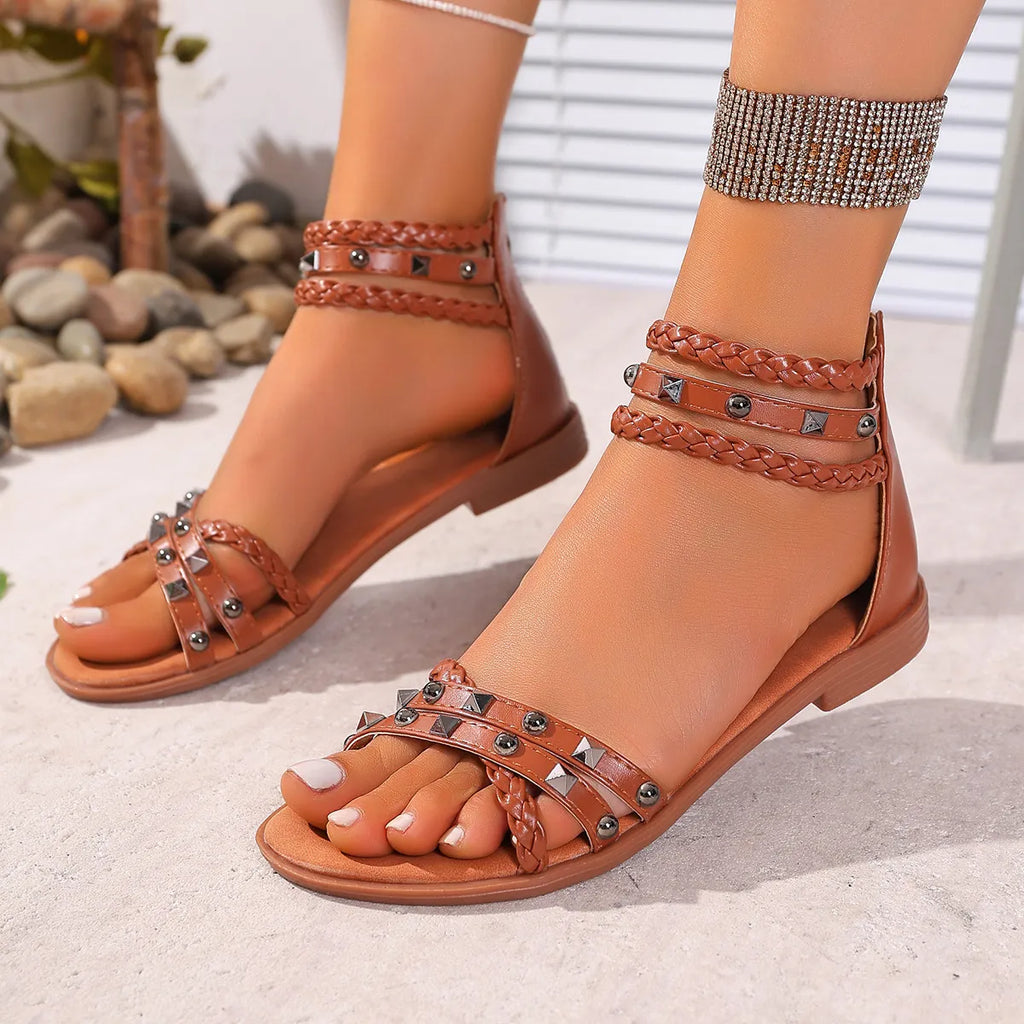 Braided Ankle Strap Studded Sandals