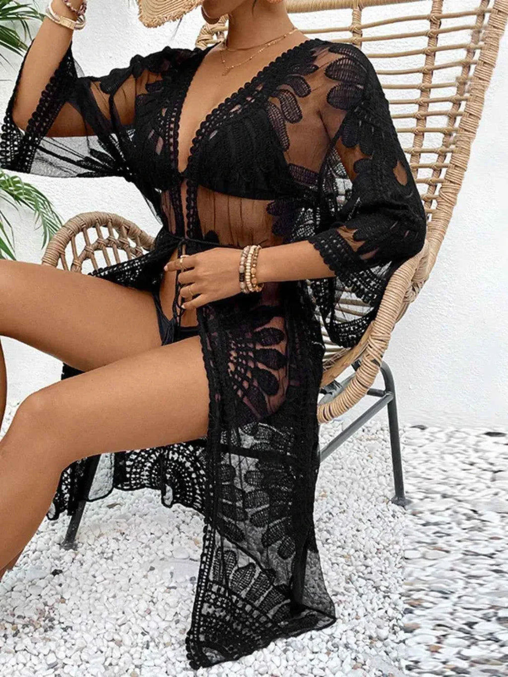 Lace Open Front Longline Kimono Cover-Up