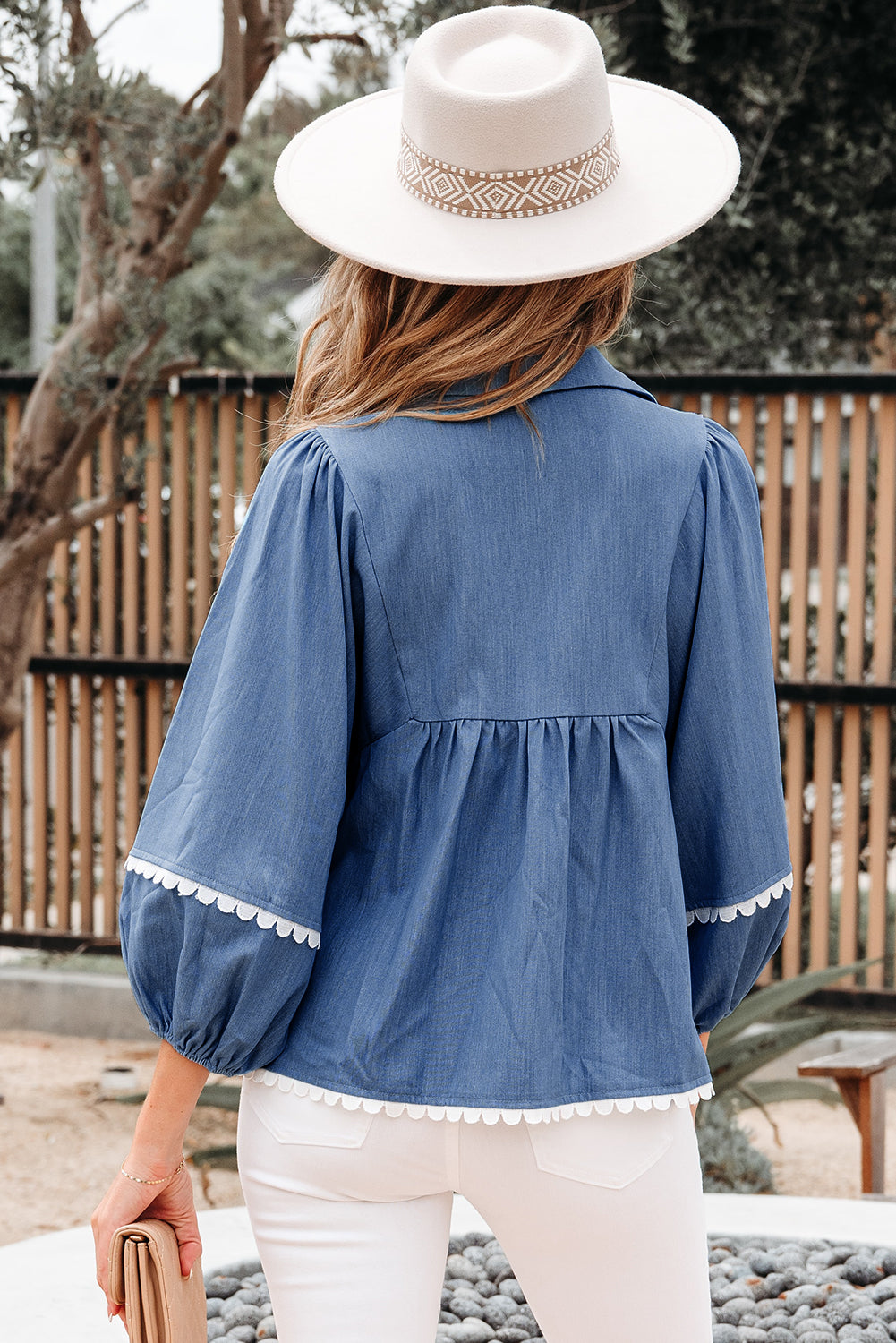 Solid Lace Ric-Rac 3/4 Sleeve Babydoll Blouse
