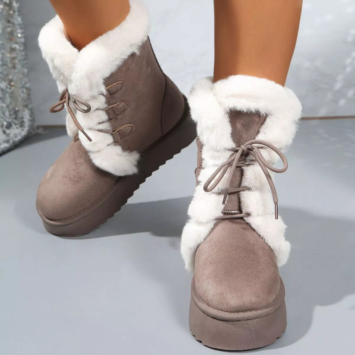 Fuzzy Trim Lace-Up Platform Boots