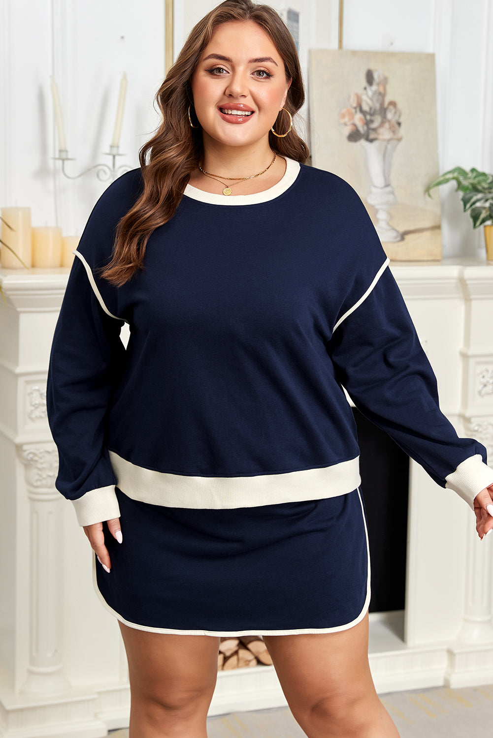 Navy Blue Plus Color Block Drop Shoulder Top and Lace-up Skirt Outfit