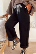 Black Fleece Lined Leopard Drawstring Elastic Waist Solid Pants