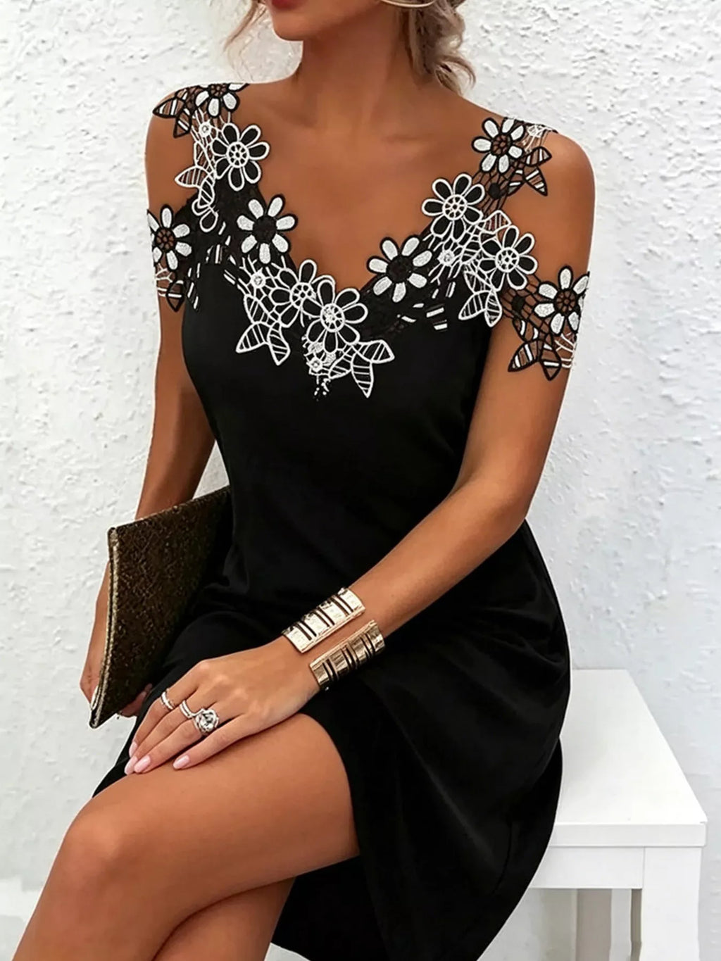 Lace Floral Trim Cold Shoulder Mini Dress