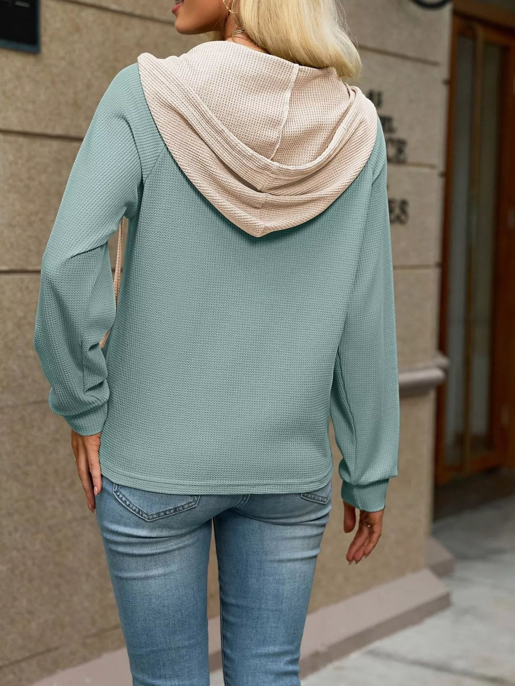 Waffle Knit Henley Hoodie with Contrast Trim