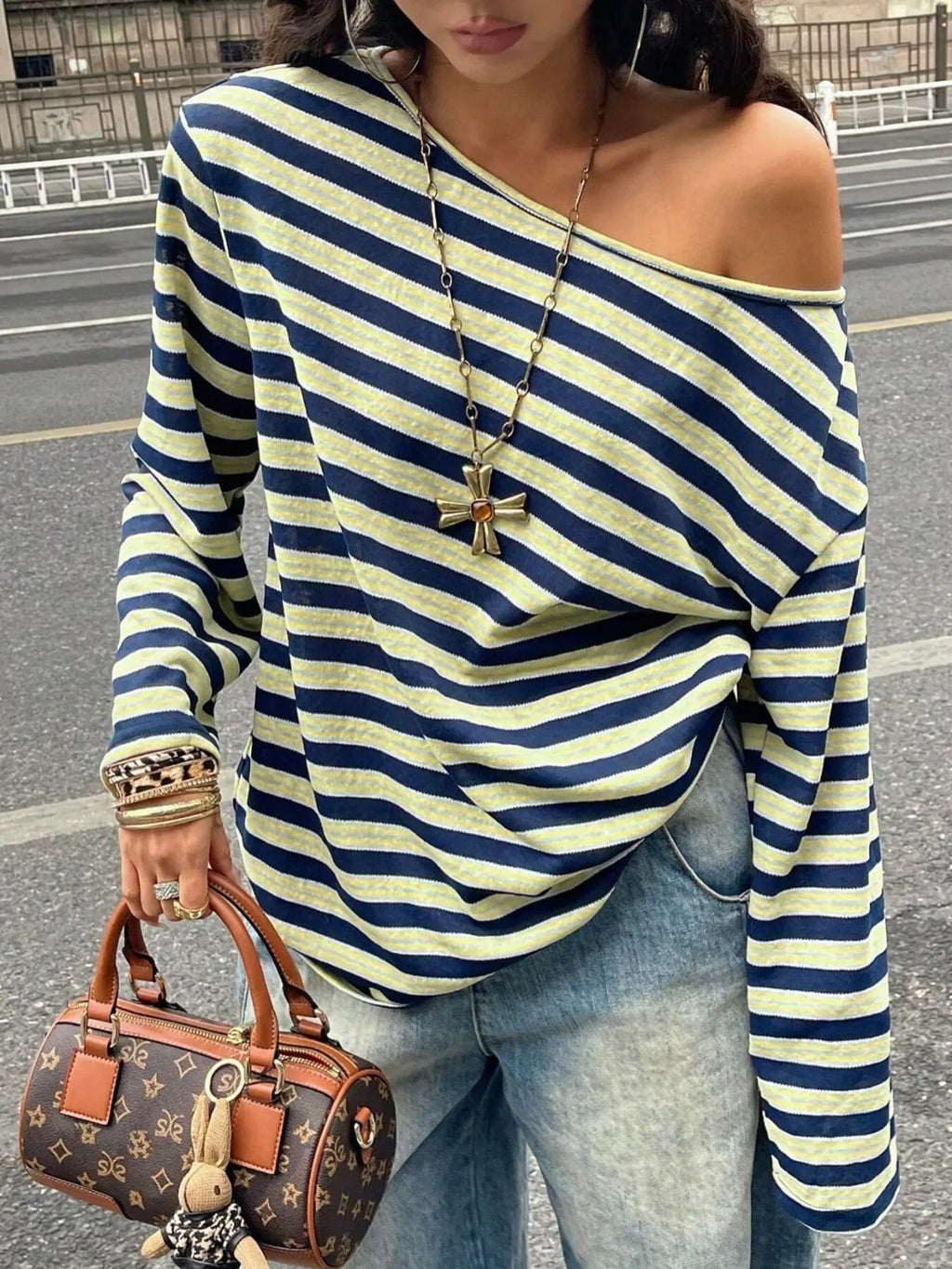 Striped Boat Neck Long Sleeve T-Shirt