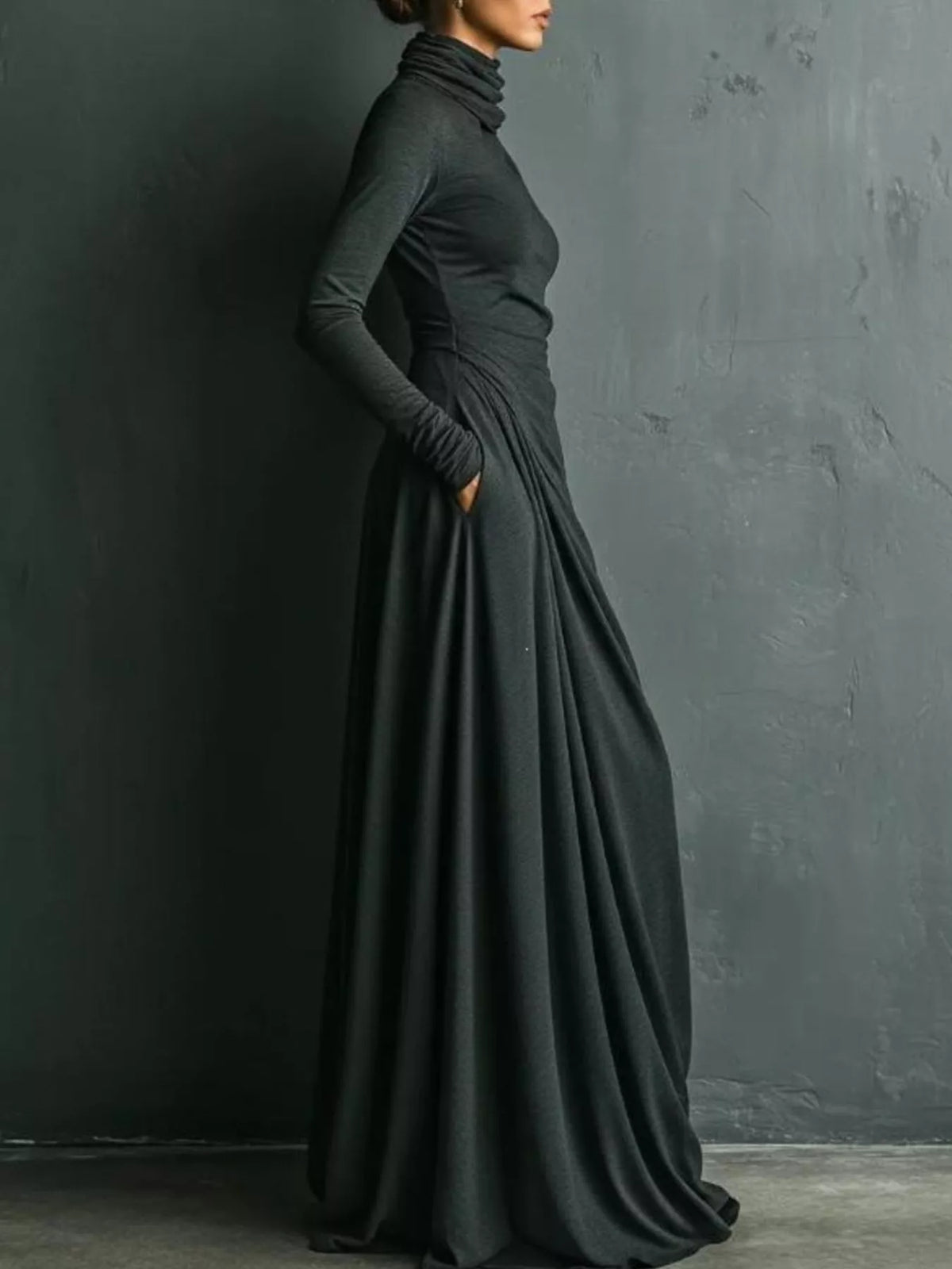 Turtleneck Long-Sleeve Draped Maxi Dress