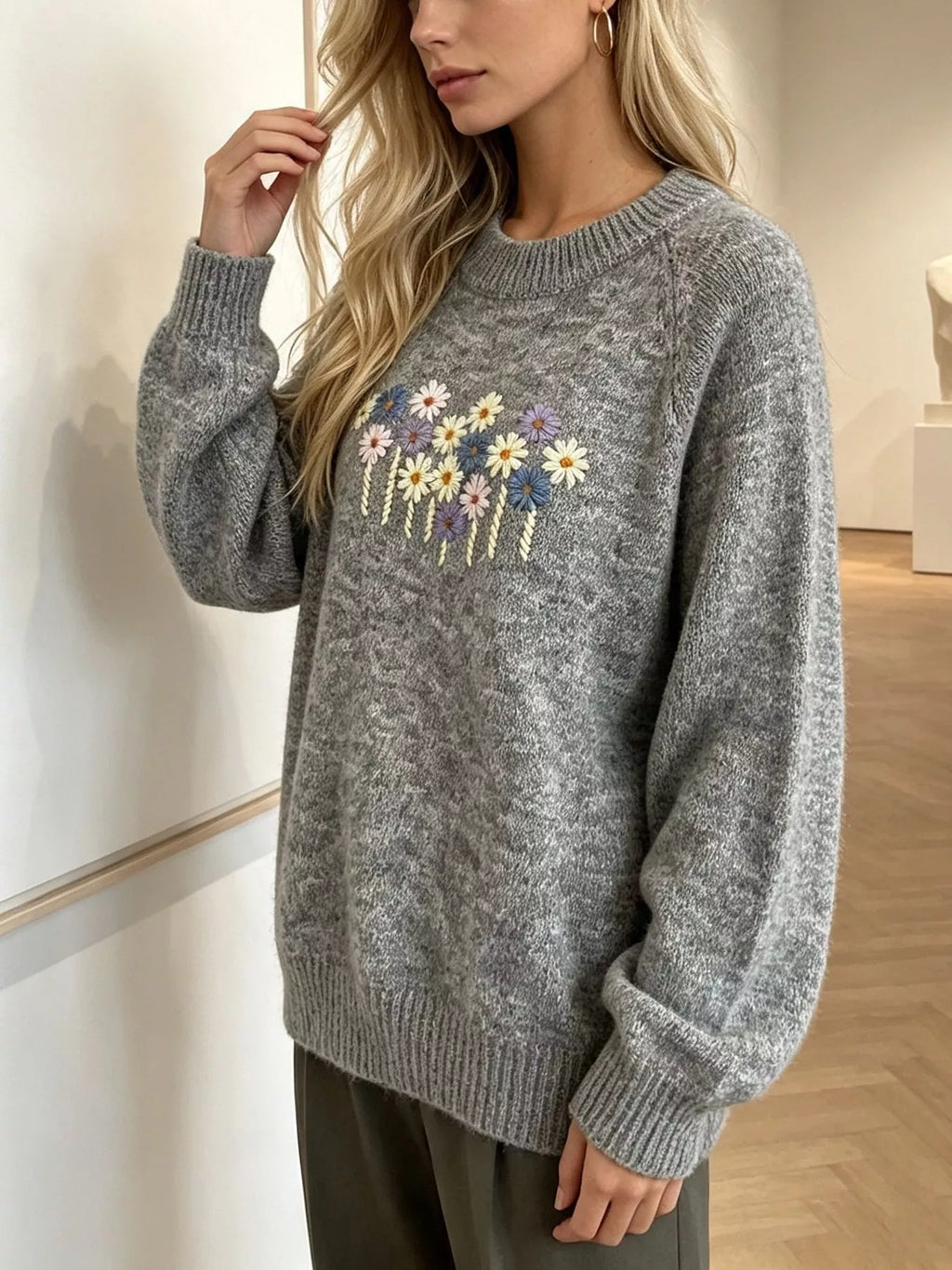 Floral Embroidered Round Neck Sweater