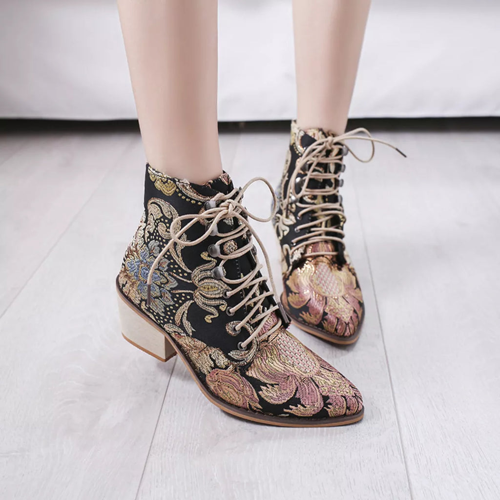 Embroidered Floral Lace-Up Ankle Boots