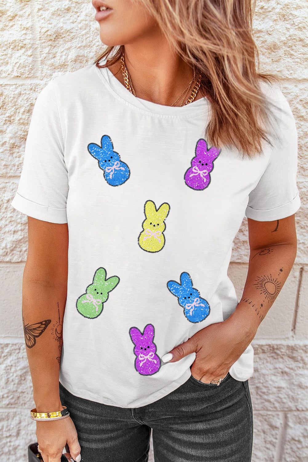 White Sequin Bow Bunny Doll Patched Easter Graphic Tee