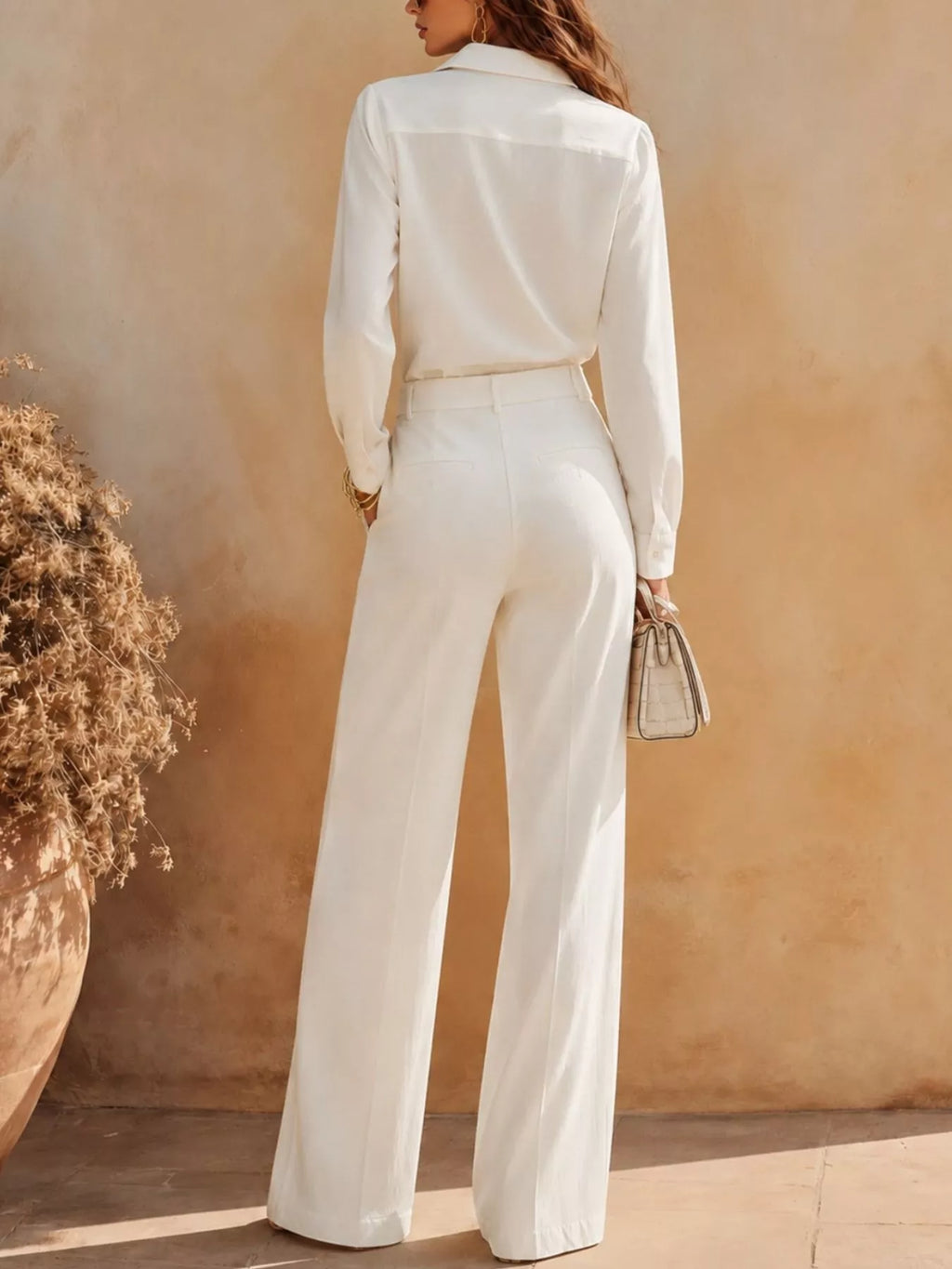 Long Sleeve Shirt and Wide-Leg Pants Set
