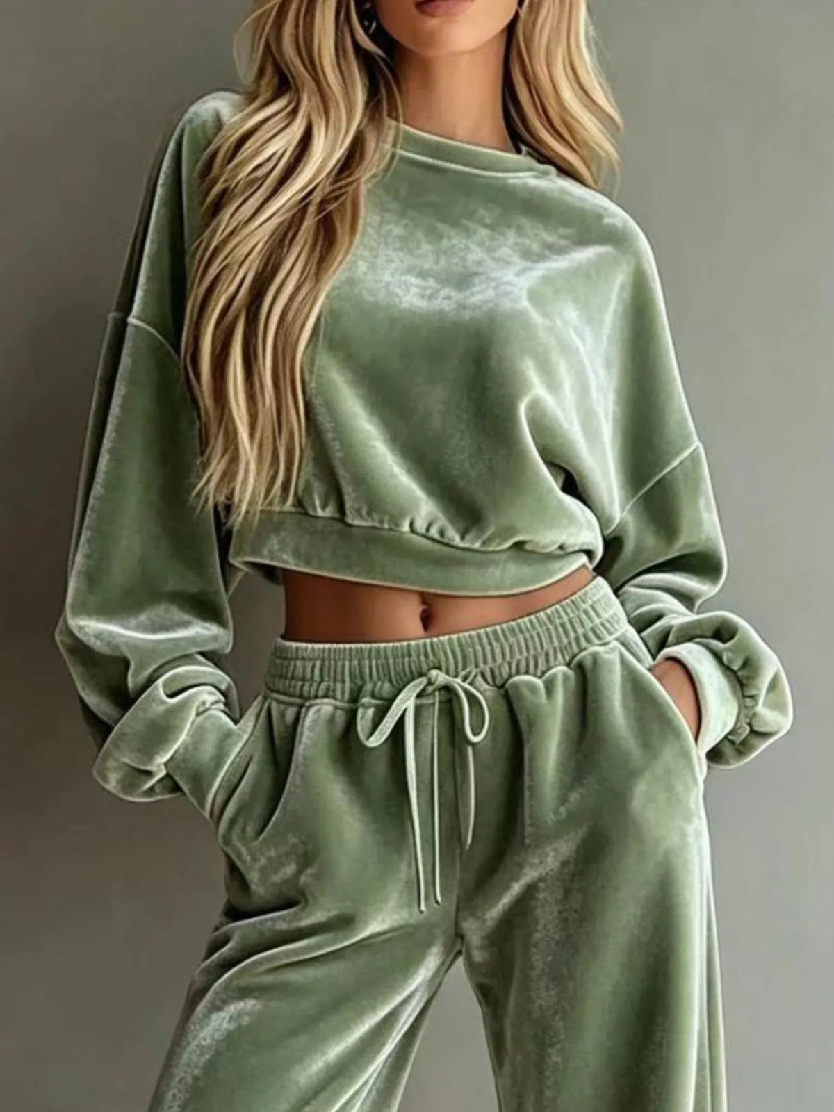 Full Size Cropped Sweatshirt and Wide-Leg Pants Set Plus Size
