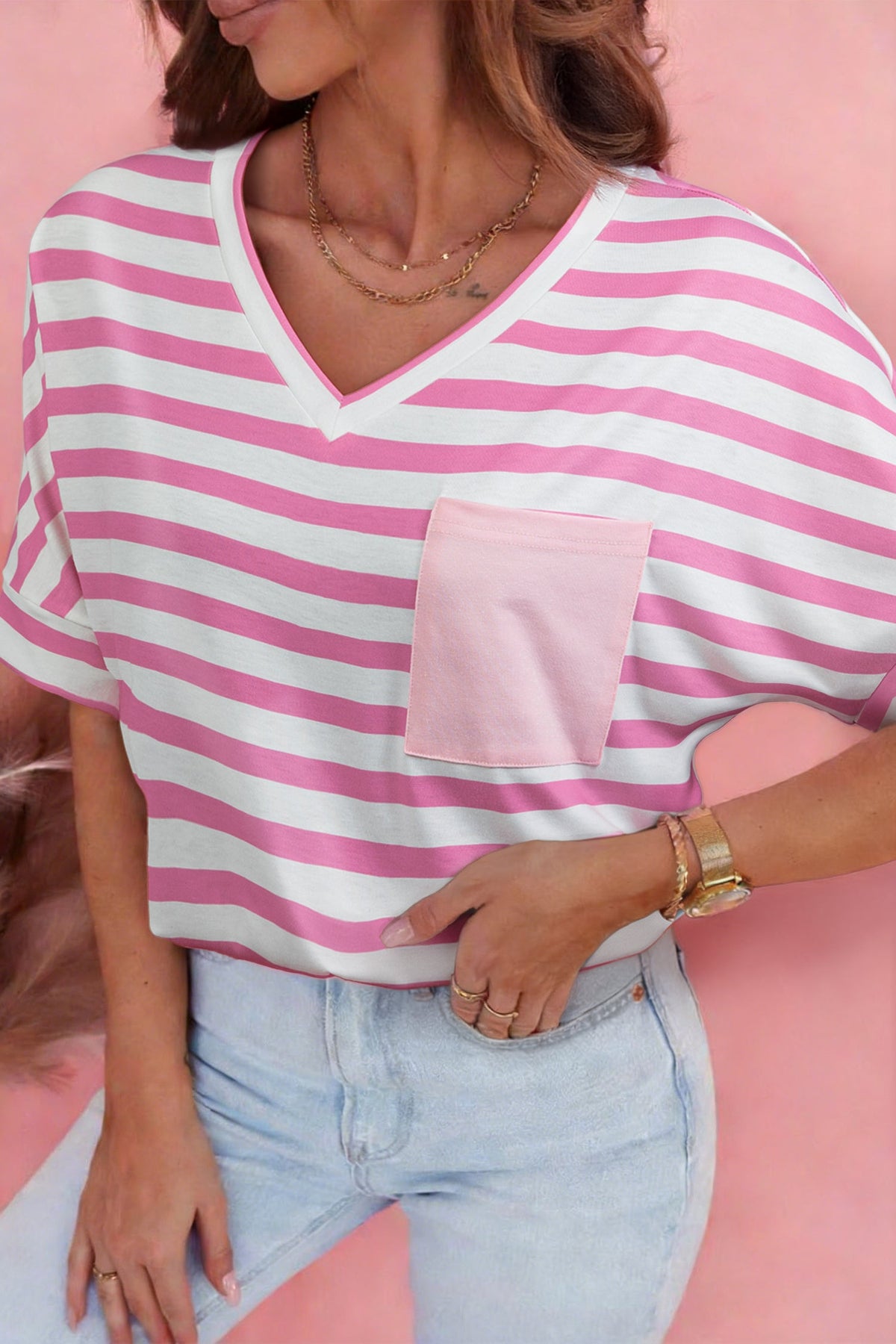 Stripe V-Neck Patch Pocket T-Shirt