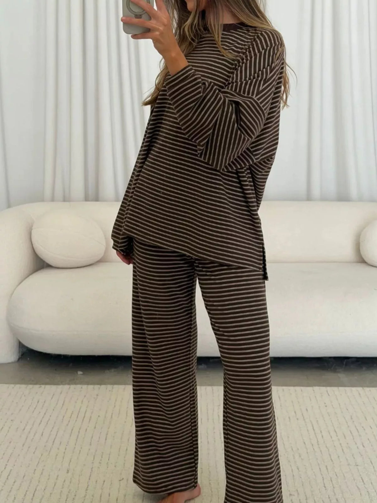 Striped Dropped Shoulder Top and Pants Lounge Set