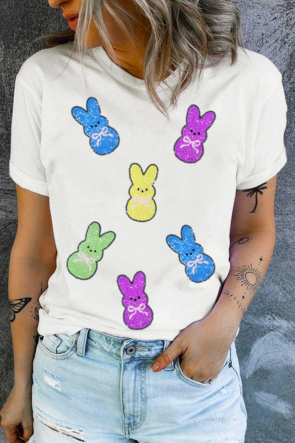 White Sequin Bow Bunny Doll Patched Easter Graphic Tee