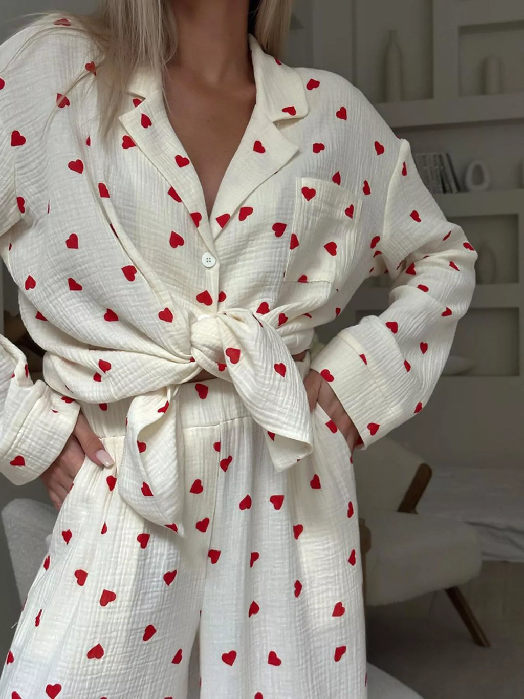 Heart Print Button Up Top and Pants Lounge Set