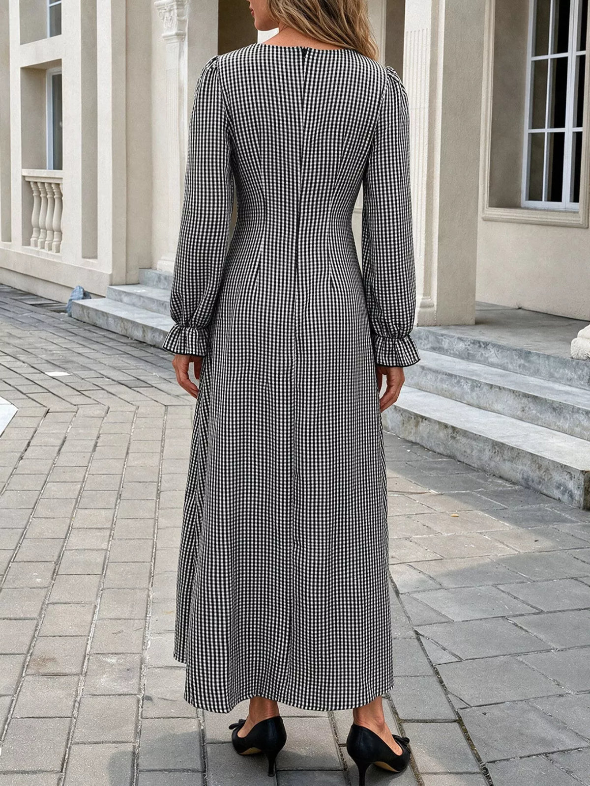 Gingham Lace-Trim V-Neck Long Sleeve A-Line Maxi Dress