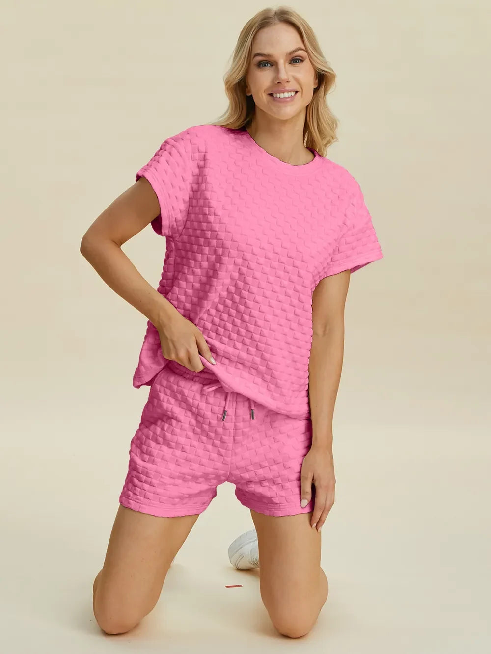 Textured Round Neck T-Shirt and Drawstring Shorts Set