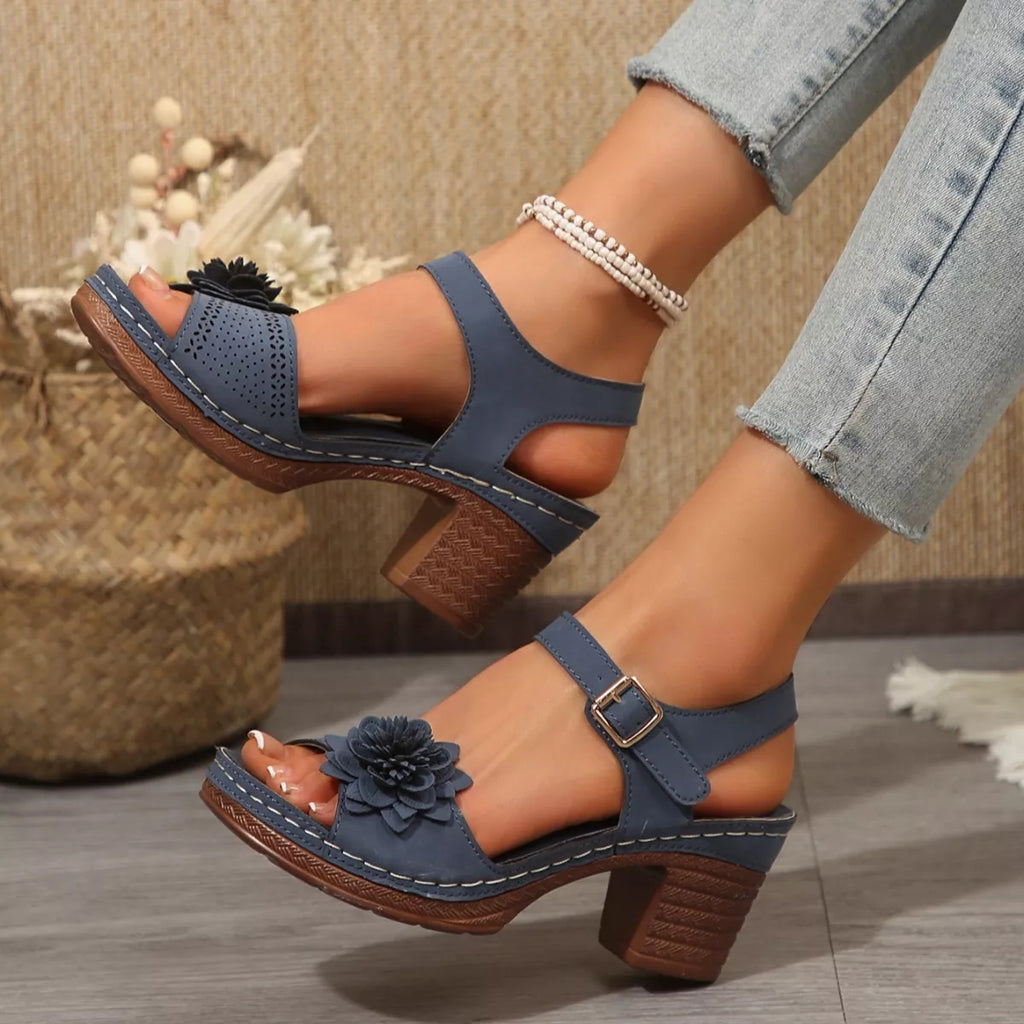 Floral Decor Buckle Ankle Strap Block Heel Sandals