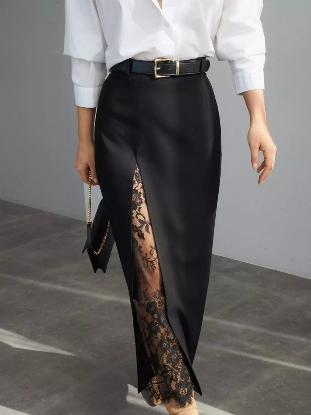 Elegant Lace-Trimmed Slit A-Line Skirt