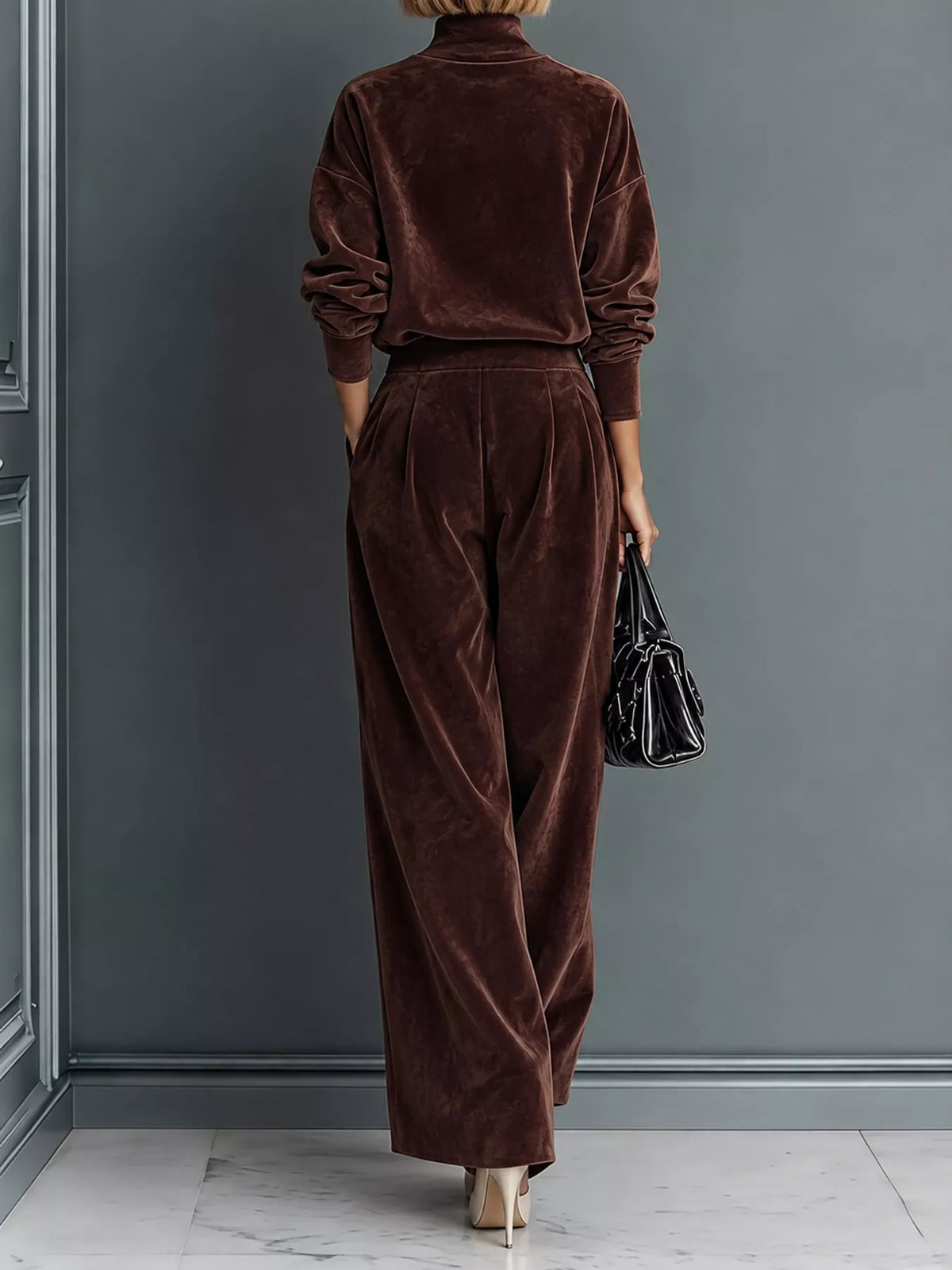 Velvet Mock Neck Long Sleeve Top and Wide-Leg Pants Set