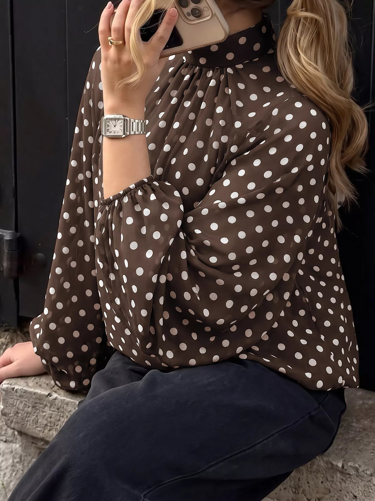 Polka Dot Mock Neck Long Sleeve Blouse