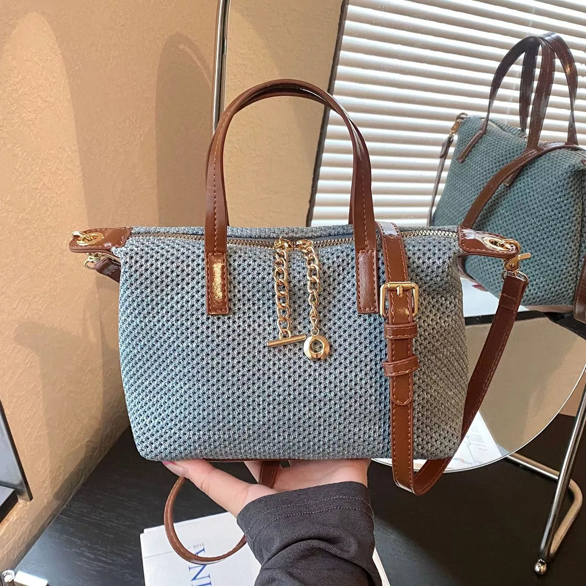 Woven Crossbody Bag with Leather Accents