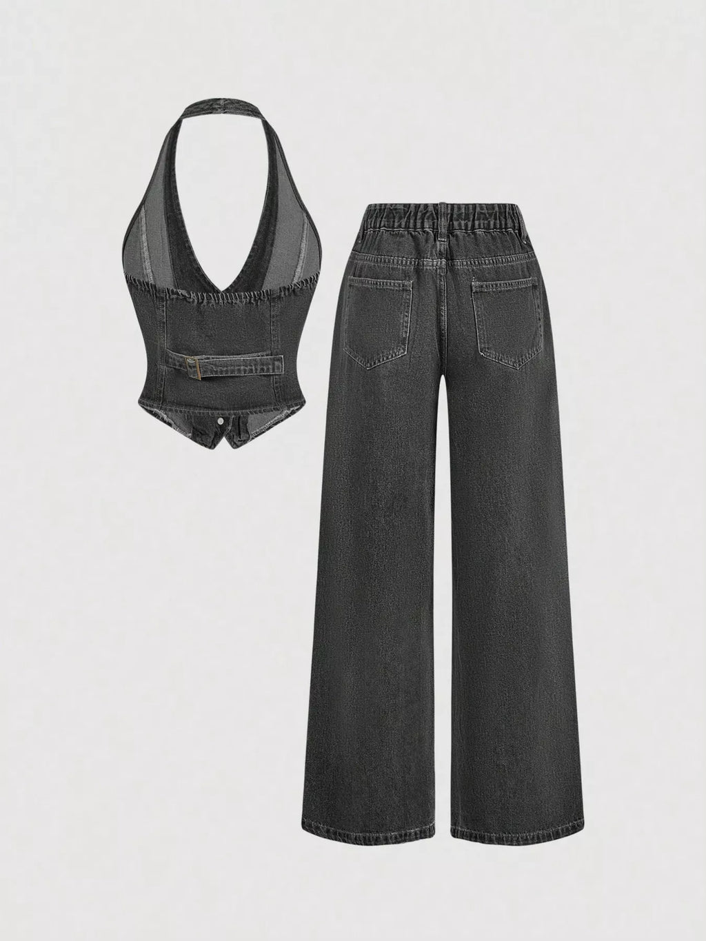 Halter Neck Denim Vest and Wide-Leg Jeans Set