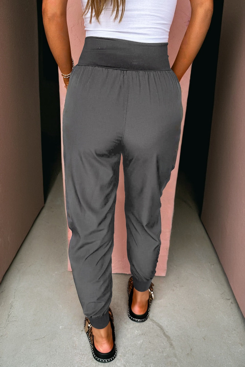 Solid Elastic High Waist Pocketed Cargo Jogger Pants